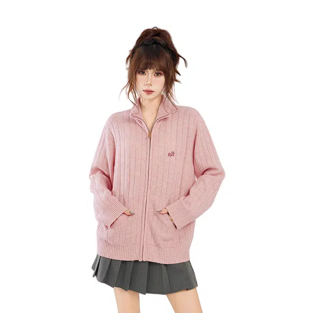 柏黛妃 双拉链立领开衫慵懒风加厚宽松针织衫 女款 粉色