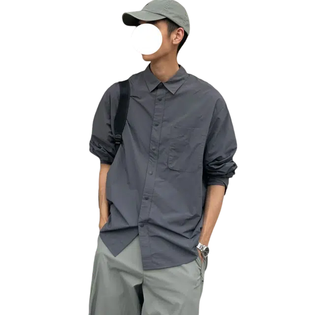 冈哉 日系休闲潮流百搭垂感时尚简约纯色舒适基础款长袖痞帅衬衣外套空调上衣宽松翻领纽扣衬衫 男女同款