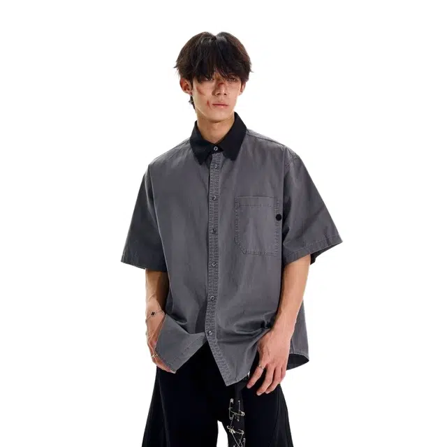 一碗士多 美式复古休闲百搭撞色宽松工装街头开衫上衣短袖衬衫 男女同款