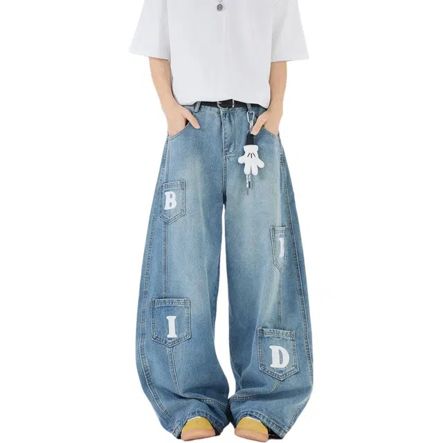 颂希尔 美式复古水洗弯刀夏季设计感宽松垂感多口袋阔腿裤子牛仔裤 男女同款