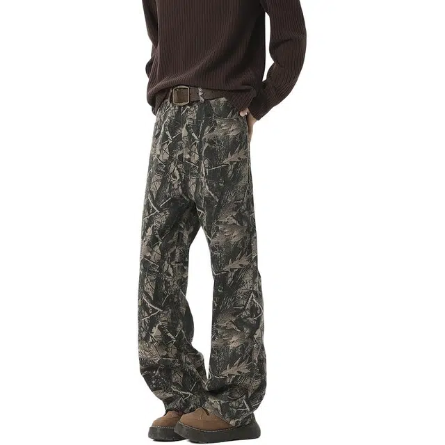 物质公式 高级感树叶印花设计直筒休闲美式复古高街时尚潮流宽松舒适中腰做旧百搭牛仔裤 男女同款