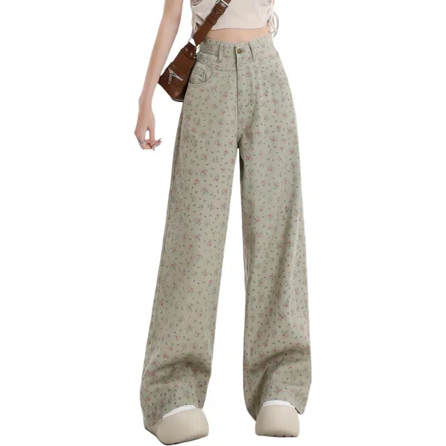 玫丝朵 复古高腰宽松显瘦直筒阔腿牛仔裤 女款 碎花
