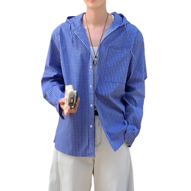 冈哉 美式复古格纹日系港风宽松连帽衬衣夏季潮流百搭休闲外套单排扣时尚慵懒风弯刀长袖衬衫 男女同款