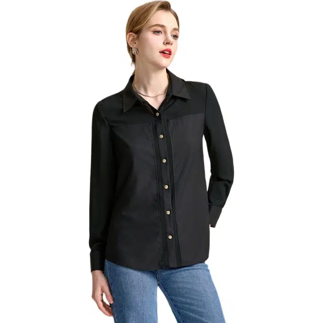 粉红玛琍 纯色简约翻领长袖衬衫 女款 黑色