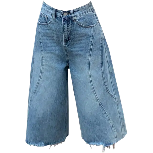 拾籍 高街风格弯刀设计宽松舒适七分毛边装饰时尚潮流高腰显瘦阔腿裤牛仔短裤 女款