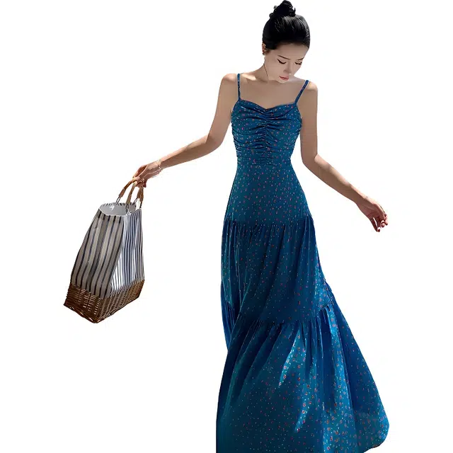 水中花 碎花设计优雅气质长裙一字肩设计感吊带连衣裙 女款