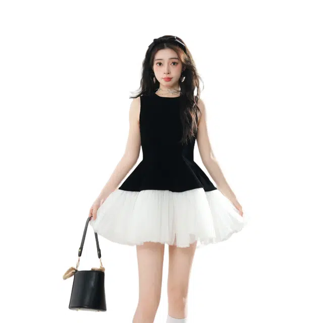 怪力萝莉 芭蕾裙千金公主风丝绒拼接网纱背心蓬蓬裙无袖连衣裙 女款