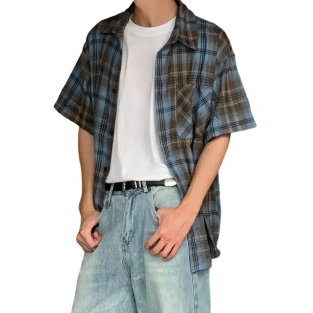 冈哉 美式复古经典格纹口袋半袖衬衣翻领设计宽松休闲百搭学院风短袖衬衫 男女同款