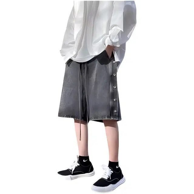 木木兔 美式复古潮牌排扣休闲百搭小众薄款阔腿时尚设计感五分裤牛仔短裤 男款