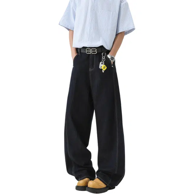 沃马 美式高街弯刀水洗做旧废土风高级感时尚百搭重工舒适亲肤透气牛仔裤 男女同款 深蓝色