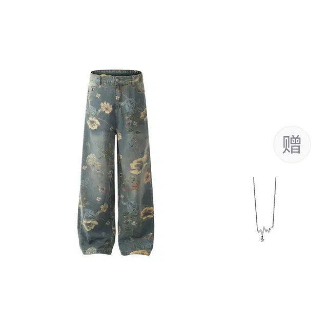 识恩 美式复古满印花设计直筒宽松夏季休闲阔腿裤牛仔裤 女款