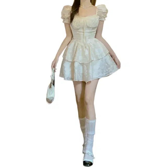 水中花 三标齐小重工甜辣妹收腰纯欲公主蓬蓬裙短袖连衣裙 女款