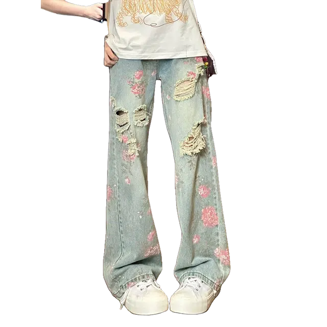 臣目 美式高街花卉破洞牛仔裤男款夏季高级感显瘦裤子玫瑰满印直筒裤长裤 男女同款