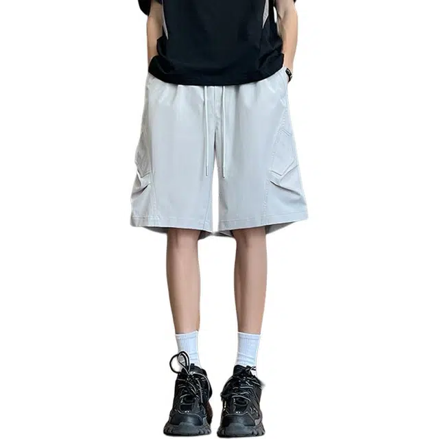 佐菲利 夏季薄款速干五分裤子美式高街褶皱设计感拼接宽松直筒休闲短裤 男款