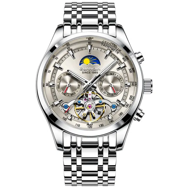 冠琴 男士手表镂空飞轮多功能 自动机械机芯 精钢表带 国表 男表 灰色表盘 夜光防水学生腕表