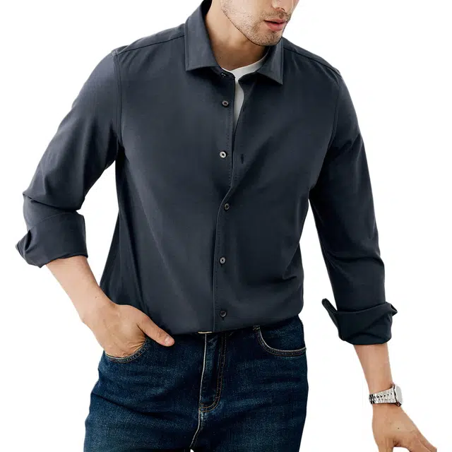 丹宁哲学 舒适四面弹针织面料纯色长袖温莎领标准衬衫 男款