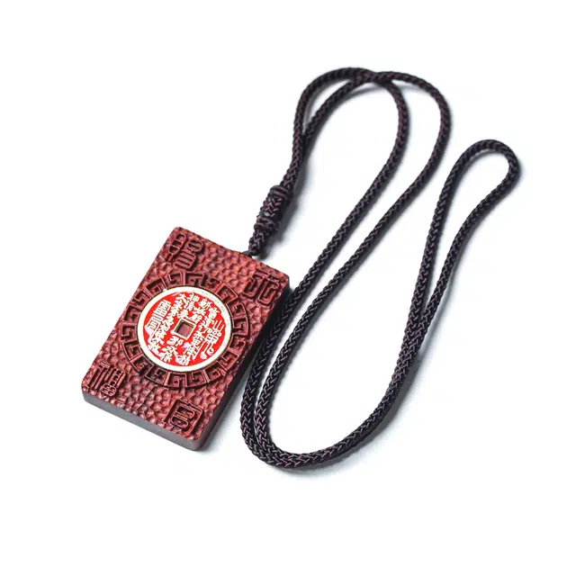 灵晔 新中式复古精雕镶轻奢感挂件 招财纳福 万事顺遂转运平安牌饰品配件 檀木 项链 男女同款情侣款