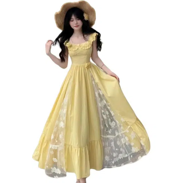 黛尔佳人 法式荷叶边领夏季蕾丝拼接气质收腰显瘦大摆长裙吊带连衣裙 女款