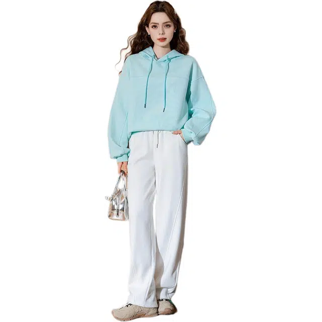 法文箱子 纯色连帽套头长袖卫衣 女款 浅蓝色