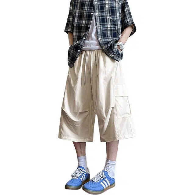 佐菲利 褶皱复古工装裤夏季薄款宽松直筒阔腿裤潮牌痞帅七分裤休闲短裤 男女同款