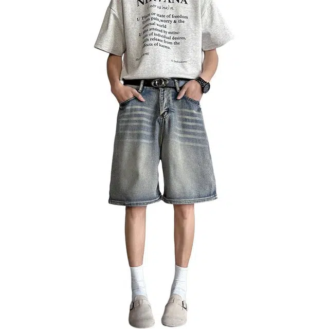 沃马 美式高街宽松百搭简约基础款时尚牛仔短裤 男女同款