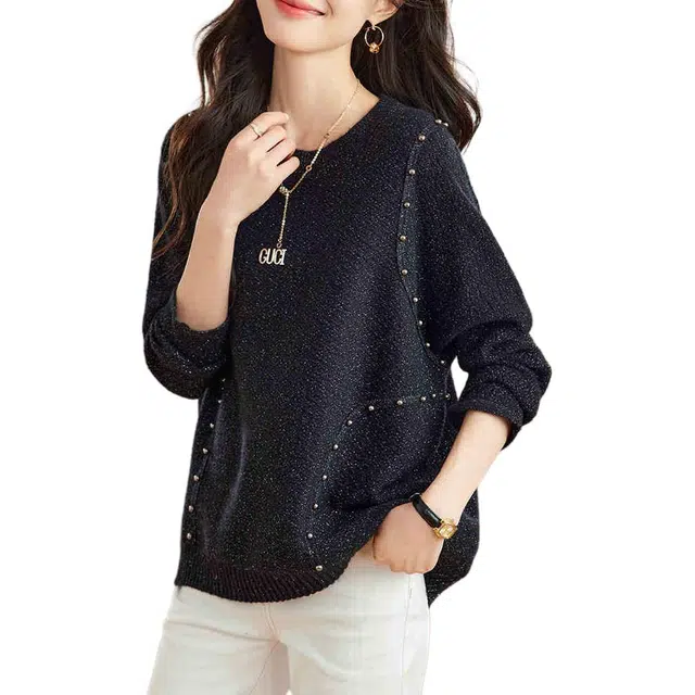 曲韩 宽松套头圆领长袖针织衫 女款 黑银丝