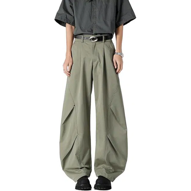 隐狼世家 潮流港风褶皱慵懒风百搭纯色宽松薄款直筒休闲裤 男款