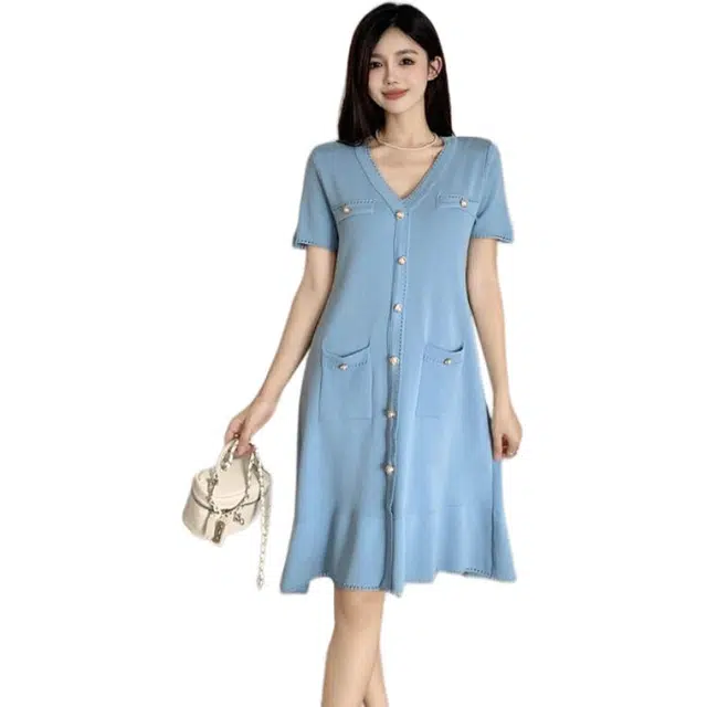 水中花 夏季法式轻奢显瘦鱼尾裙短袖连衣裙 女款