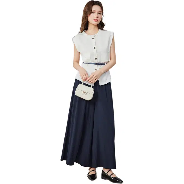 爱依服 韩版文艺通勤简约无袖上衣纯色阔腿裤休闲套装 女款