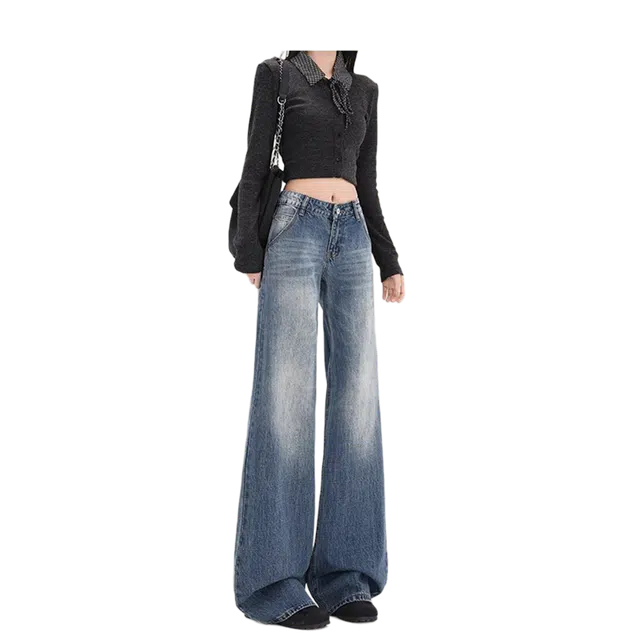 么宁 设计感复古蓝窄版阔腿高腰宽松垂感拖地牛仔裤 女款