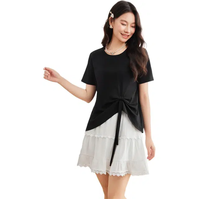 爱依服 夏季韩版休闲纯色短袖圆领裙装套装 女款