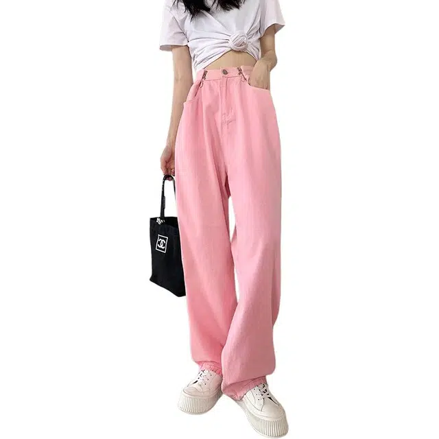 怪力萝莉 长裤女韩版高腰宽松直筒拖地裤子牛仔裤 女款