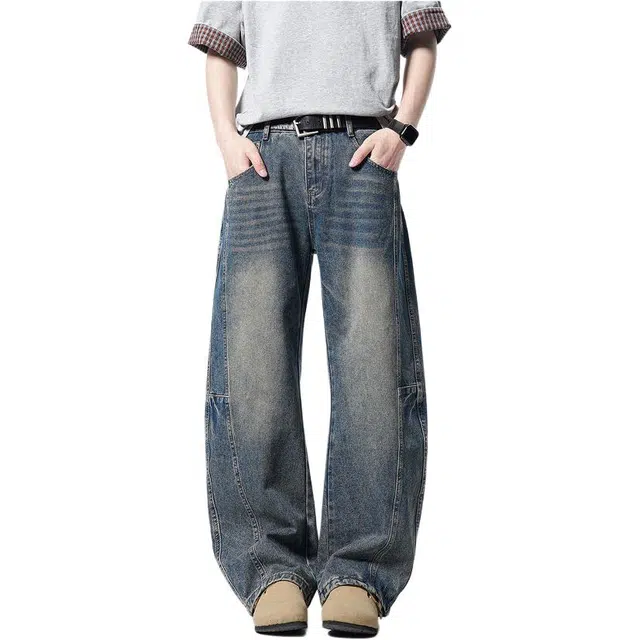 沃马 美式高街拼接弯刀水洗做旧通勤复古重工牛仔裤 男女同款