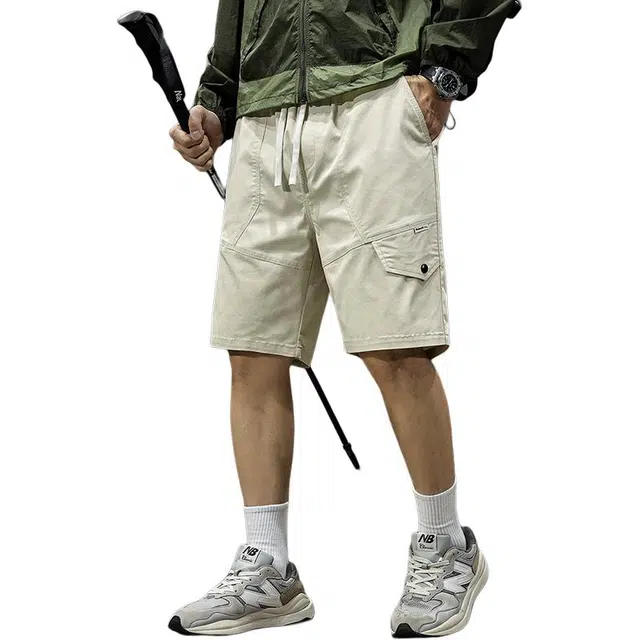 前进牛 纯色户外薄款速干工装美式复古宽松凉感系带五分休闲短裤 男女同款