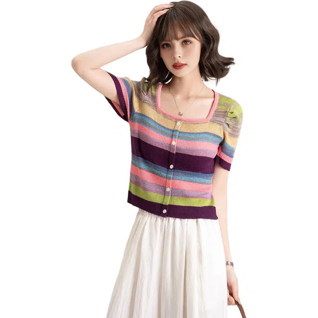 法文箱子 条纹常规方领短袖截短上衣 女款