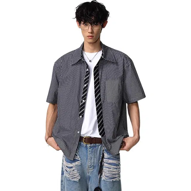 单爵 阳光干净格子学院风领带拼接美式短袖衬衫 男女同款