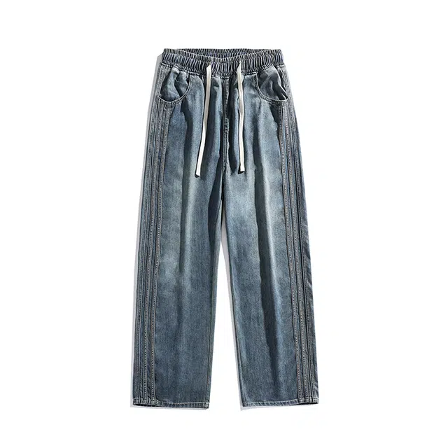 吉肯蒂 日系休闲条纹直筒裤子运动宽松牛仔裤 男女同款