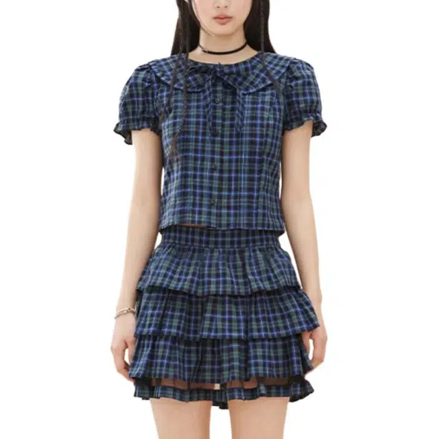 黛尔佳人 夏复古蝴蝶结设计感格纹短袖上衣+高腰拼接蛋糕短裙两件套装 女款