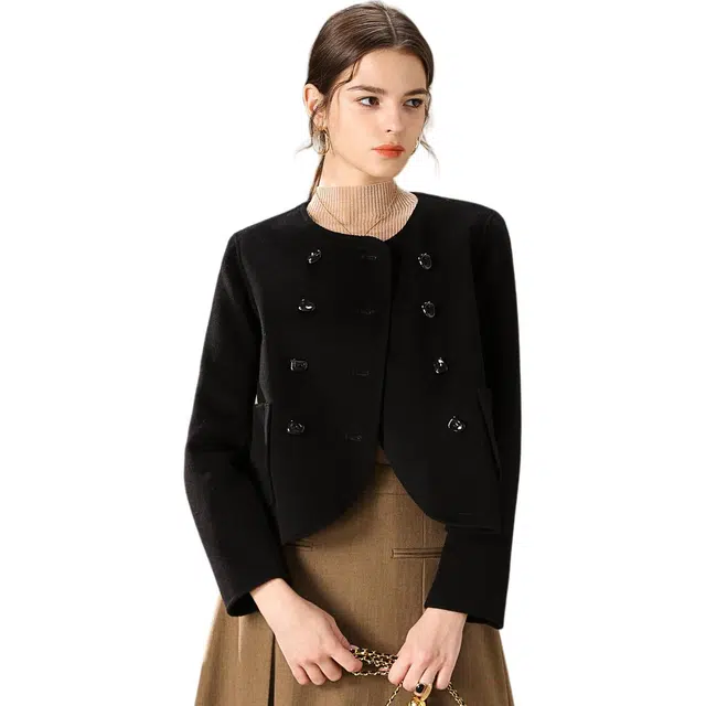 粉红玛琍 通勤圆领小香风夹克外套 女款 黑色