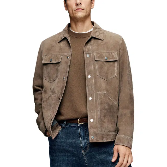 丹宁哲学 高端新西兰绵羊皮男士纯色翻领直筒型皮衣 男款