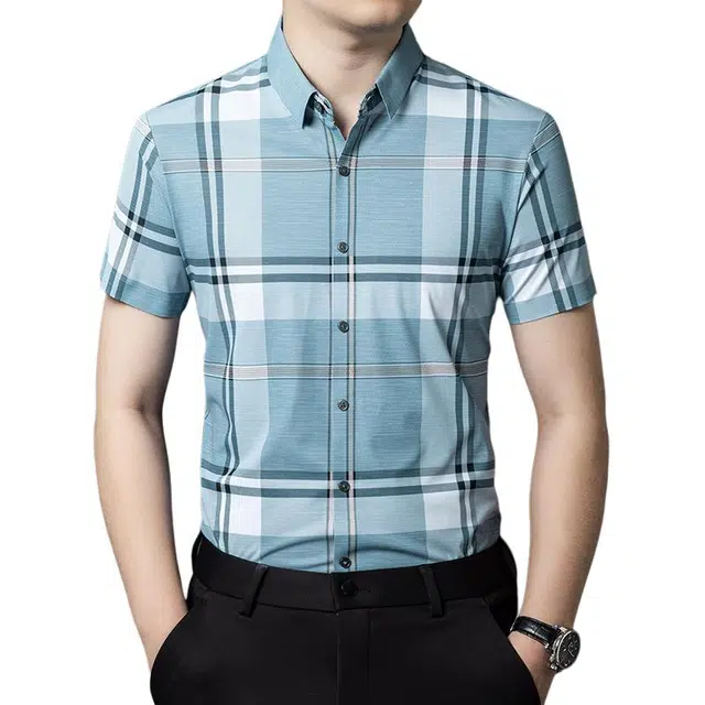 老爷车 夏季凉感舒适弹力无痕格子短袖衬衫 男款