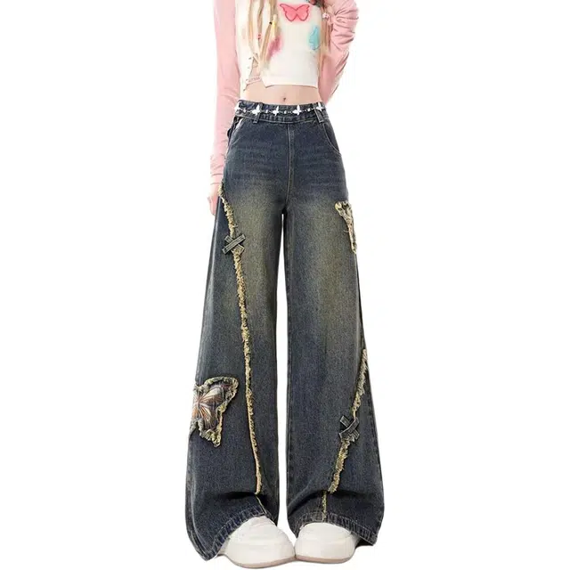 怪力萝莉 美式高街风侧拉链阔腿长裤显高显瘦舒适百搭牛仔裤 女款