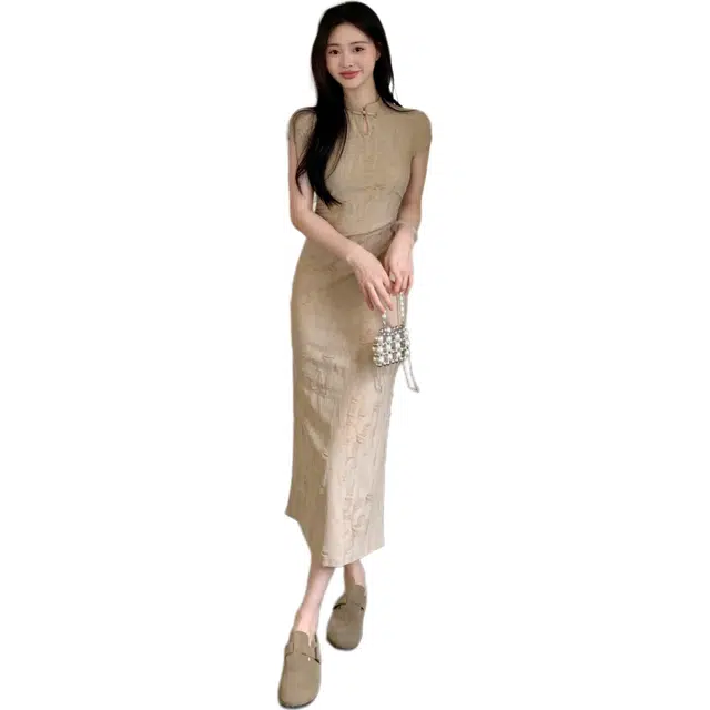 沐晓欣 新中式破洞风气质改良旗袍长裙短袖连衣裙 女款