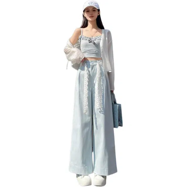 木清清 蕾丝阔腿裤薄款高腰宽松直筒显瘦窄版休闲裤九分裤子西装裤 女款