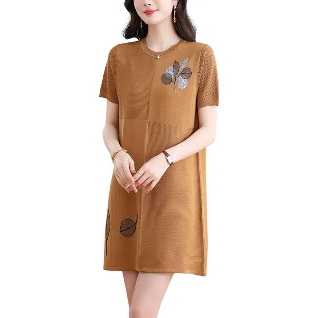 恒源祥 妈妈装圆领简约短袖连衣裙 女款
