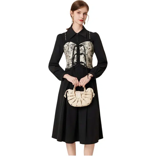 粉红玛琍 拼接舒适休闲长袖连衣裙 女款 黑色