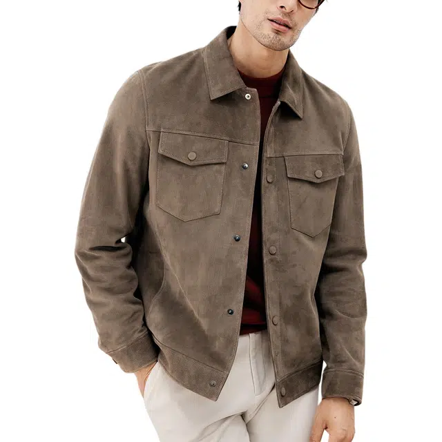 丹宁哲学 灯芯绒纹理新西兰绵羊皮复古纯色翻领直筒型皮衣 男款