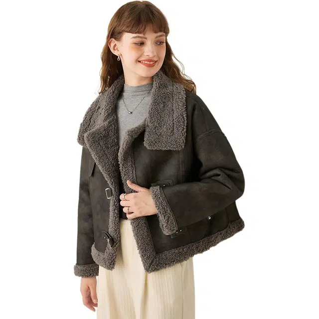 法文箱子 复古仿皮毛一体短款翻领加厚保暖机车夹克外套 女款