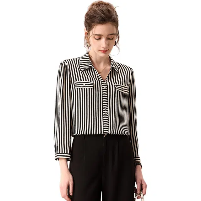粉红玛琍 宽松条纹长袖衬衫 女款 黑白条