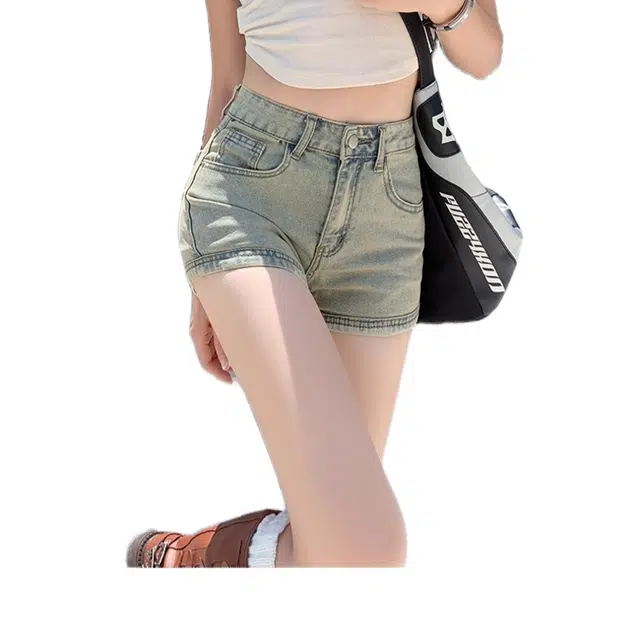 怪力萝莉 美式复古女夏季薄款高腰弹力显瘦超短辣妹裤牛仔短裤 女款 蓝色